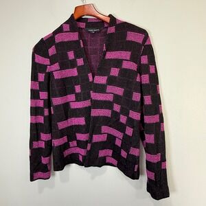 Ming Wang Womens PS Pink Black Geometric Knit Open Front Cardigan Jacket Shimmer